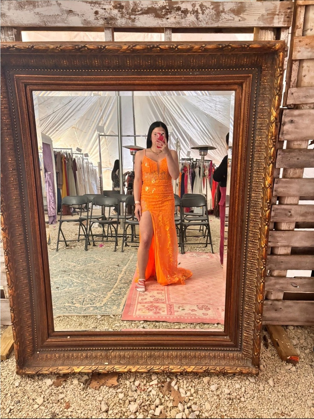 Orange Sequin Slit Evening Gown